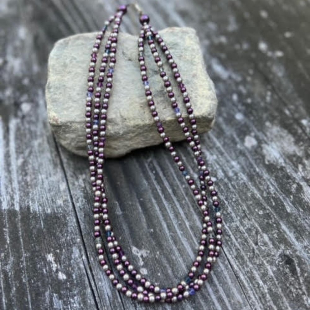 Silver and purple beaded necklace